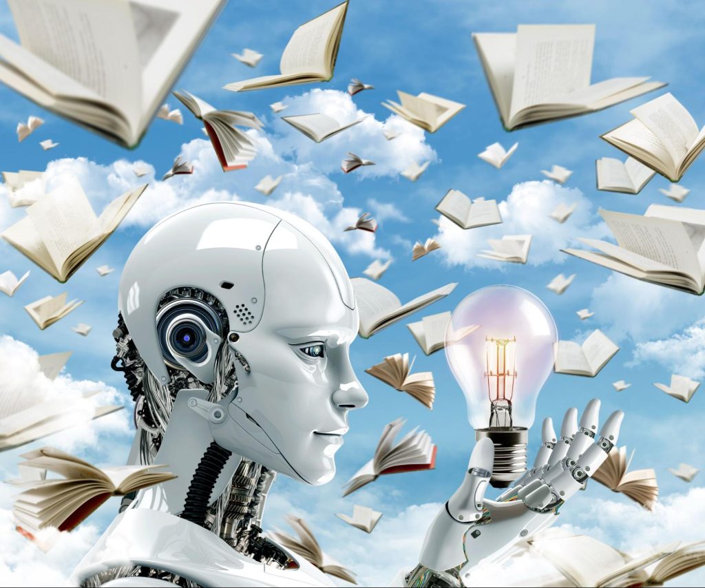 An AI robot holding a lightbulb in his palm, surrounded by flying books that represents the wealth of knowledge.
