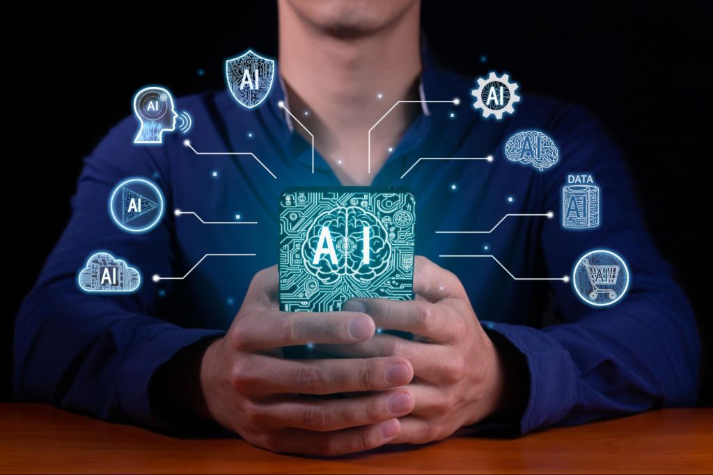 A man holding a mobile phone with icons of AI surrounding it.