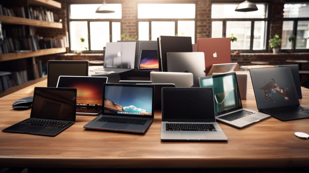 Multiple laptops of various brands and colors arranged on a wooden desk in a modern office setting with bookshelves and large windows in the background.
