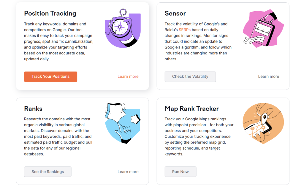 SEMrush’ four main SEO rank tracking tool feature cards, including Position Tracking, Sensor, Ranks, and Map Rank Tracker capabilities with colorful icons and action buttons.