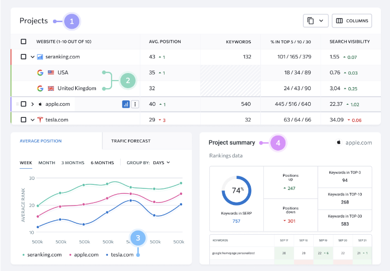 SEO project management interface displaying website rankings data for multiple domains including seranking.com, apple.com, and tesla.com with position tracking charts and performance metrics.
