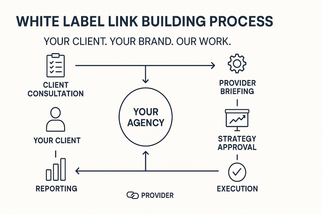 Flowchart showing the complete white label link building process from client briefing to reporting.
