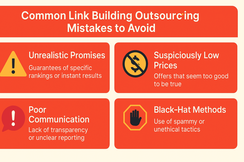Infographic showing common mistakes companies make when outsourcing SEO link building.
